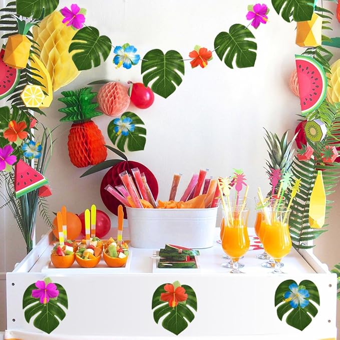 KUUQA 88 Pcs 20cm/8" Tropical Palm Leaves and Silk Hibiscus Flowers Party Decor, Artificial Monstera Plant Leaves Flowers Hawaiian Luau Party Jungle Beach Theme BBQ Birthday Party Decorations Supplie
