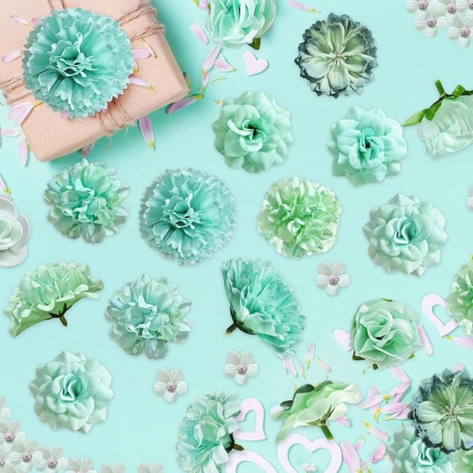 70 pcs Mini Artificial Flowers Heads Mint Green Silk Peony Daisy Rose Bulk Mix Flower Heads Faux Rose for Crafts Graduation Wedding Baby Shower DIY Home Party Decoration