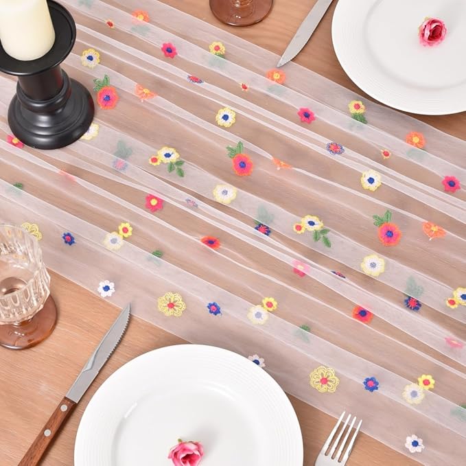 Joanlody 3pcs Ivory Embroidery Daisy Christmas Table Runner 10ft Florals Seasonal Tulle Table Runner Holiday Kitchen Dining Table Decoration for Home Party Indoor
