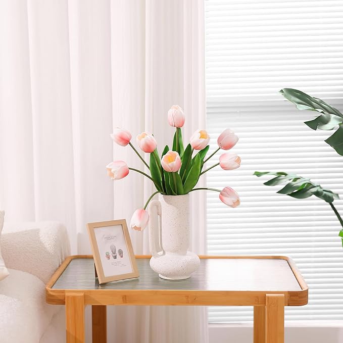 10PCS Artificial 18.5" Long Stem Blush Pink Tulips Bouquet PU Flowers, Fake 6 Color Tulip Faux Flowers with Bendable Stems for Floral Table Wedding Home Decor