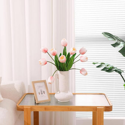 10PCS Artificial 18.5" Long Stem Blush Pink Tulips Bouquet PU Flowers, Fake 6 Color Tulip Faux Flowers with Bendable Stems for Floral Table Wedding Home Decor