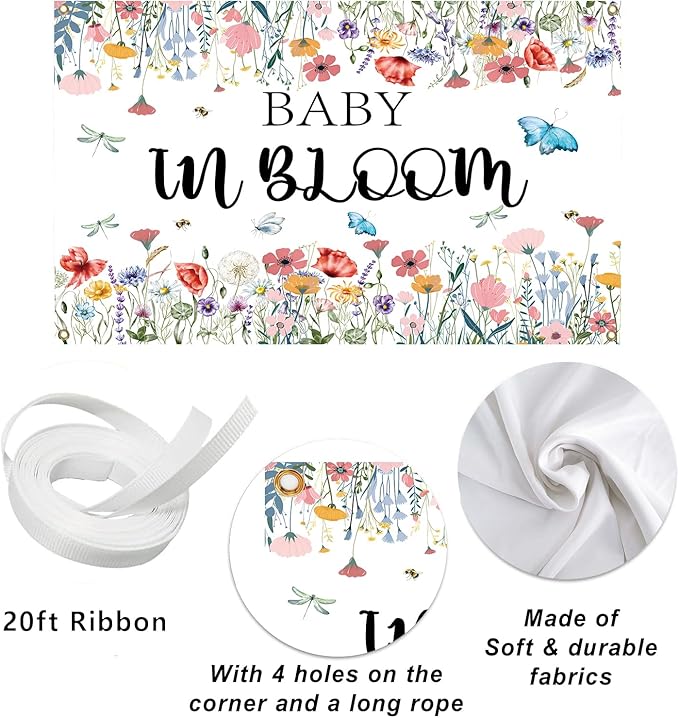 Baby in Bloom Backdrop 7x5ft, Floral Baby Shower Background for Girl, Spring Garden Theme Gender Reveal Party Decorations Banner, Wildflower Butterfly Baby Shower Photo Booth Photography