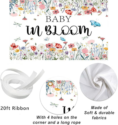 Baby in Bloom Backdrop 7x5ft, Floral Baby Shower Background for Girl, Spring Garden Theme Gender Reveal Party Decorations Banner, Wildflower Butterfly Baby Shower Photo Booth Photography