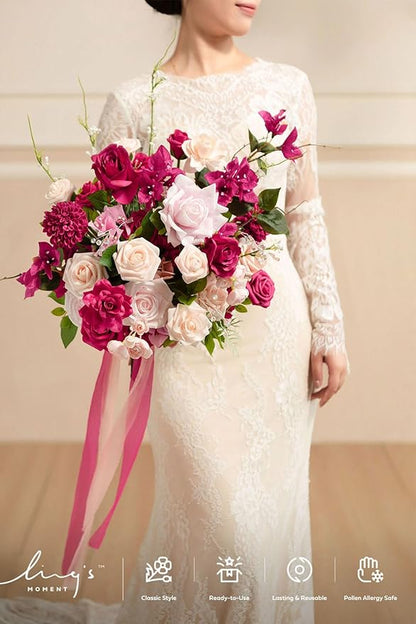 Ling's moment Blush Pink Wedding Bouquets for Bride, Dusty Rose Bridal Bouquets for Bride, 13 Inch Free Form Artificial Wedding Flower Bouquet