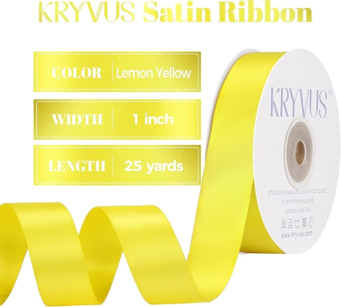 Lemon Yellow Satin Ribbon, Double Faced 1 Inch X 25 Yards Lemon Yellow Ribbon, Premium Satin Ribbon for Gift Wrapping, Crafts, Hair Bow Making, Sewing, Flower Bouquet, Wedding Party Decor