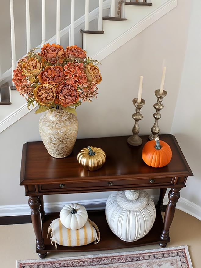 Hollyone 2Pcs Artificial Fall Flowers Bouquet 18.8" Burnt Orange Dried Peony Hydrangea Fake Fall Floral Silk Flowers Faux Flower Arrangement for Home Wedding Table Centerpiece Thanksgiving Party Decor