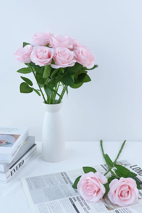 12pcs Roses Artificial Flowers Real Touch Fake Flowers with Long Stems Silk Flowers for Wedding Bouquet Centerpices Decorations Party Bridal Baby Shower Home Decor (Dusty Pink)