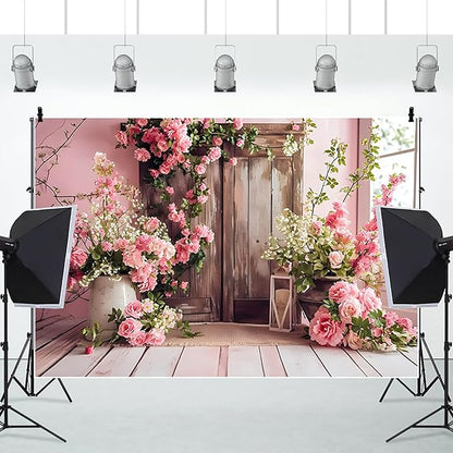AOTOFO 10x6.5ft Rustic Wood Floral Backdrop for Baby Shower Newborn Studio Picture Photography Wooden Door Pink Flower Wall Background Wedding Bridal Shower Birthday Party Photoshoot Booth Banner