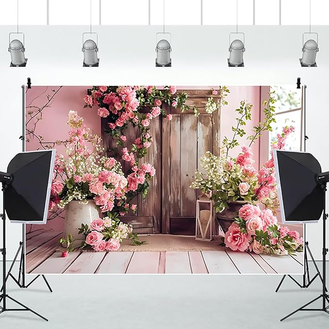 AOTOFO 10x7ft Rustic Wood Floral Backdrop for Baby Shower Newborn Studio Picture Photography Wooden Door Pink Flower Wall Background Wedding Bridal Shower Birthday Party Photoshoot Booth Banner