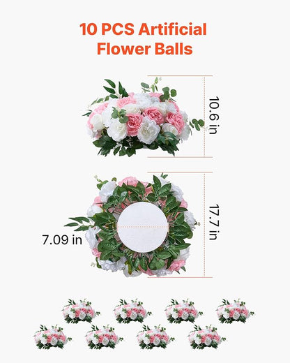 VEVOR Flower Ball Arrangement Bouquet 10 PCS, 17.7-Inch Diameter Artificial Flower Balls Wedding Table Centerpieces, Rose Arrangements for Wedding Centerpiece Home Decorations, Pink and White Roses