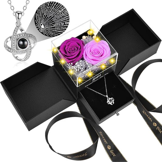 2 Preserved Rose Gift for Women - Eternal Rose with I Love You Necklace - Romantic Birthday Gifts for Girlfriend Mom Her Wife Grandma on Valentines Mothers Day Anniversary Christmas-Purple