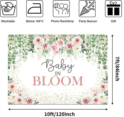 Avezano Baby in Bloom Backdrop Sage Green Leaves with Pink Flowers Baby Shower Party Decorations Baby Girl's Greenery Floral Nature Theme Photography Background Cake Table Banner (10x7ft(120x84in))