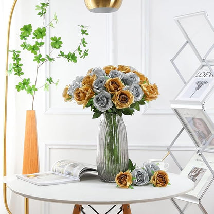 Tifuly Roses Artificial Flowers - 12 pcs Realistic Long Stems Fake Roses Mashup Style Silk Flowers for DIY Bouquets Wedding Centerpieces Arrangements Home Party Decor（Gold & Sliver）