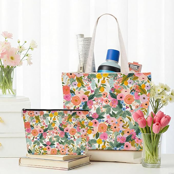 Aesthetic Floral Tote Bag Makeup Bag Flower Decor Gifts for Girls Christmas Shopping Grocery Bags Cosmetic Bags