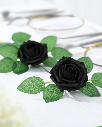 DuHouse 50Pcs Artificial Roses Flowers Fake Roses with Stems Real Touch Foam Flowers for DIY Wedding Bouquet Baby Shower Centerpiece Floral Arrangement Party Home Decor(Black)