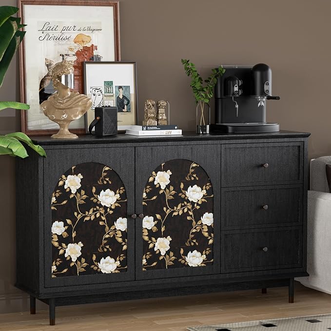 Black Golden Floral Peel and Stick Wallpaper Flowers Contact Paper 17.5"x118" Self Adhesive Waterproof Vintage Dark Floral Wall Paper for Shelf Liner Cabinet Decor