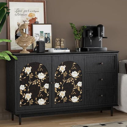 Black Golden Floral Peel and Stick Wallpaper Flowers Contact Paper 17.5"x118" Self Adhesive Waterproof Vintage Dark Floral Wall Paper for Shelf Liner Cabinet Decor