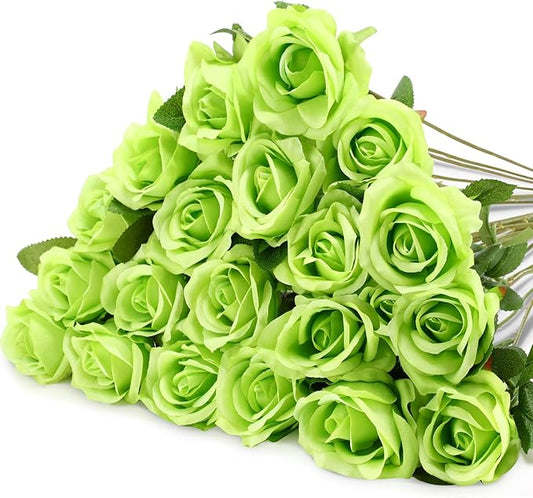 Hotop 20 Pcs Artificial Rose Flowers with Long Stem,Real Touch Silk Realistic Plastic Bouquet Roses Bulk for Home Decor Bridal Wedding Party Table Centerpieces Decorations(Green)