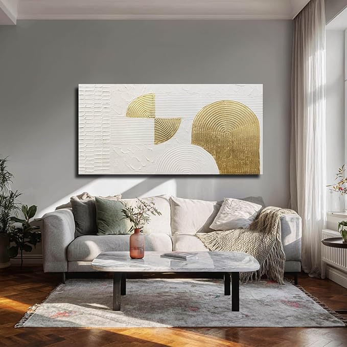 VAYIMDH White Abstract Wall Art Hand Drawn Wall Decor Pictures Semicircle Paintings Arts for Living Room 24"x48" Artwork