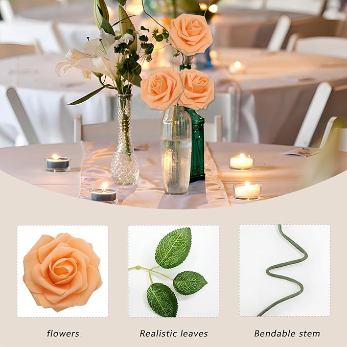 100PCS Orange Artificial Flowers Roses Real Looking Foam Fake Roses with Leaves and for DIY Wedding Bouquets Bridal Shower Centerpieces Party Decorations (Orange, 100)