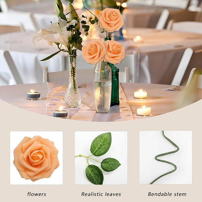100PCS Orange Artificial Flowers Roses Real Looking Foam Fake Roses with Leaves and for DIY Wedding Bouquets Bridal Shower Centerpieces Party Decorations (Orange, 100)