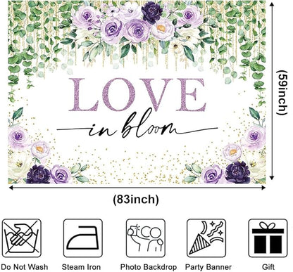 Love in Bloom Bridal Shower Backdrop 7x5ft Wedding Shower Spring Purple Floral Engagement Bachelorette Party Decorations Photography Background