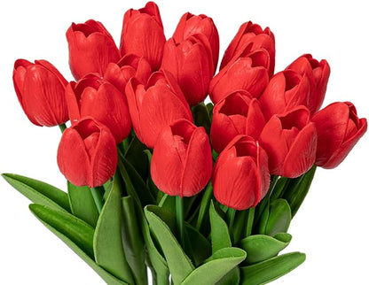 KAOYOO 18PCS Artificial Tulip Flowers Bouquet - Faux Latex Tulips for Home Decor,Office Desk,Kitchen Table,Wedding Centerpiece,Party,Spring Decoration(Red,18 Pack)
