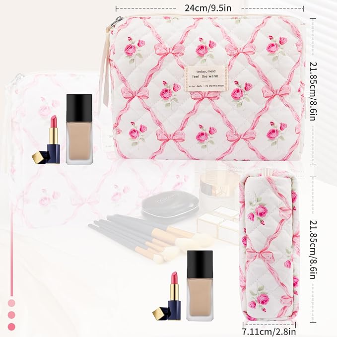 Floral Makeup Bag, Small Cosmetic Bag for Women Girls, Cute Cotton Makeup Bag, Quilted Makeup Bags, Flower Travel Toiletry Organizer Bag(Pink bow ties)