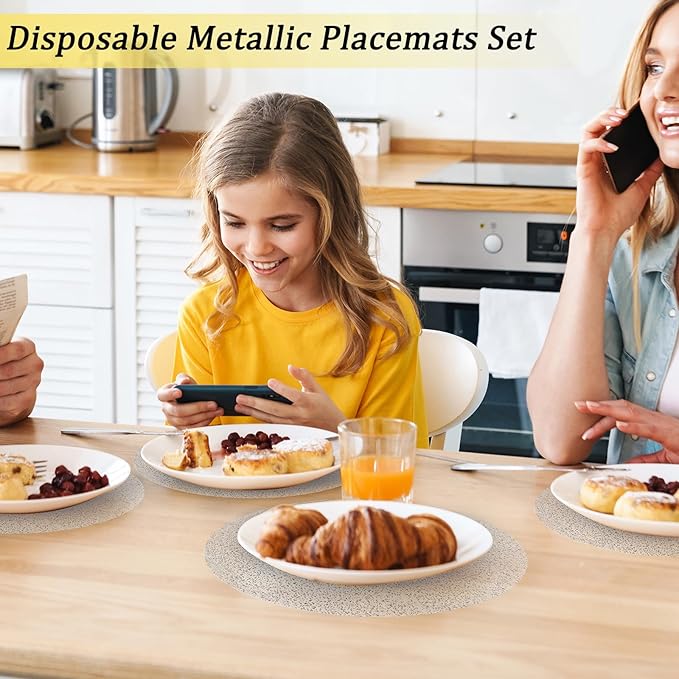 Hysenm 100 Pcs Disposable Silver Placemats Set Metallic 13 Inch Round Foil Mesh Pressed Table Doilies, Ultra-Thin Disposable Placement Mats for Home Decoration Dining Table Wedding Birthday Party