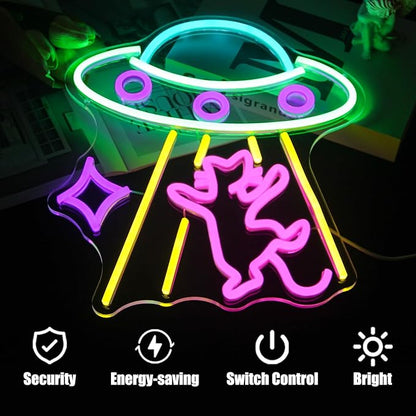 CKTBLEY UFO Cat Neon Sign Fun Alien Neon Light Spacecraft LED Sign Adorable Pink Cat Wall Lights for Bedroom Game Room Man Cave Bar Party Decoration Gifts for Kids Wall Art