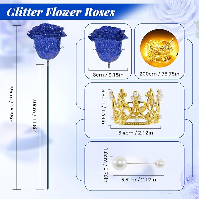 Blue Glitter Roses Bouquet, 36 Pcs Shiny Glitter Flowers Bouquet, Everlasting DIY Artificial Roses Bouquet for Christmas, Birthday, Anniversary, Wedding, Engagement