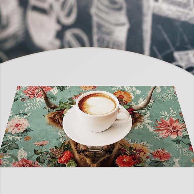 Highland Cow Placemats Set of 4 Farmhouse Flower Cattle Fruits Placemats Funny Animal Table Mats Wildlife Farmhouse Cow Place Mats for Party Kitchen Dining Decoration 4 PCS