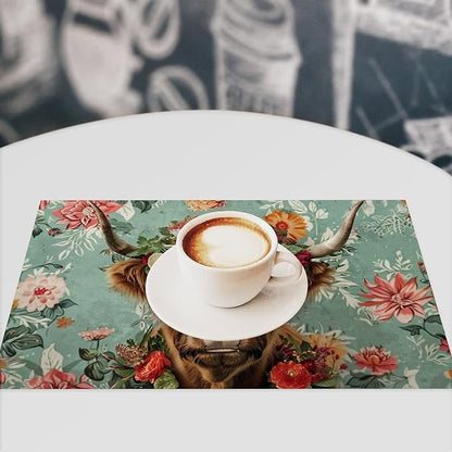 Highland Cow Placemats Set of 4 Farmhouse Flower Cattle Fruits Placemats Funny Animal Table Mats Wildlife Farmhouse Cow Place Mats for Party Kitchen Dining Decoration 4 PCS