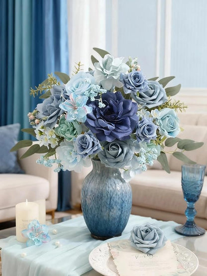 Artificial Flowers Combo Box Blue Flowers Silk Fake Roses with Stems for DIY Wedding Bridal Bouquets,Table Centerpieces,Cake Floral Arrangement,Baby Shower,Birthday Party Home Decorations