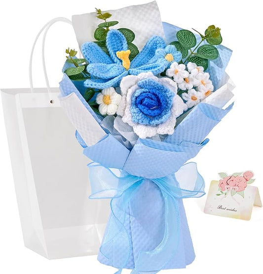 Alecono Crochet Flower Bouquet, Knitted Flowers, Blue Handmade Bouquet of Flowers for Lover Anniversary Birthday Party Mother's Day Graduation Gifts (Include Card)