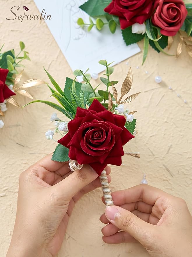 Serwalin Red Rose Corsage and Boutonniere Set, Boutonniere for Men and Wrist Corsage Wristlet Prom Homecoming Wedding Flowers Accessories Party Suit Decorations (red)