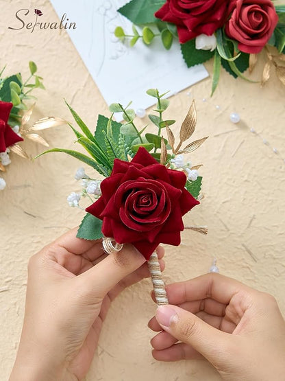 Serwalin Red Rose Corsage and Boutonniere Set, Boutonniere for Men and Wrist Corsage Wristlet Prom Homecoming Wedding Flowers Accessories Party Suit Decorations (red)