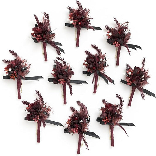 Ling's Moment Boutonniere for Men, 10pcs Groomsmen Guest Boutonniere, Artificial Flowers for Wedding Décor/Prom/Homecoming,etc.Black Gothic Burgundy