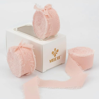 MEEDEE Blush Chiffon Ribbon 1 Inch Fringe Ribbon Pink Chiffon Silk Frayed Edge Ribbons Thin Chiffon Ribbons for Crafts, Gift Wrapping, Wedding Invitation (3 Rolls 21 Yards)