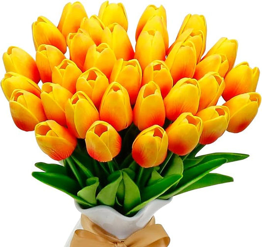 36 PCS Orange Tulips Artificial Flowers 13" PU Fake Flowers for Wedding Home Decor(Orange)