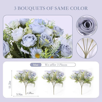 3 Pack Artificial Flowers Bouquet Fake Flowers Plants Blue Faux Flower Arrangements for Wedding Home Centerpieces Decor