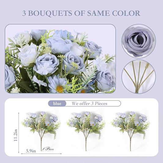 3 Pack Artificial Flowers Bouquet Fake Flowers Plants Blue Faux Flower Arrangements for Wedding Home Centerpieces Decor