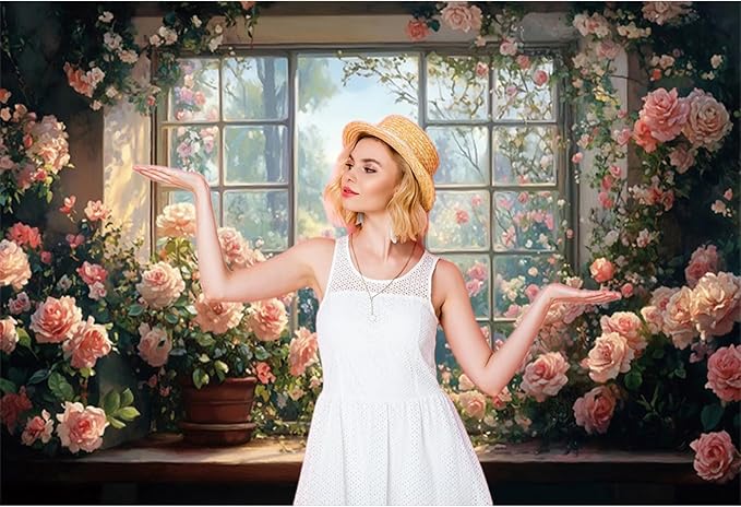 Baocicco 12x8ft Window Floral Backdrop Photography Flowers Wedding Bridal Shower Photography Background Retro Oil Painting Flower Banner for Girls Women Birthday Newborn Party Decorations Props