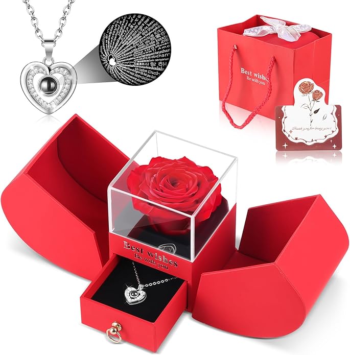 Preserved Red Forever Rose Heart Necklace Gift Box, Eternal Flowers "I Love You" Projection Jewelry for Women, Romantic Christmas Valentines Day Anniversary Birthday Gift for Her(Wife Girlfriend Mom)