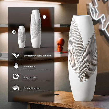 Modern Large Floor Vase White Home Decor Flower Vases 17.7 Inch Tall Resin Vase Tree Leaf Texture Decor Vases for Entryway Living Room Mantel