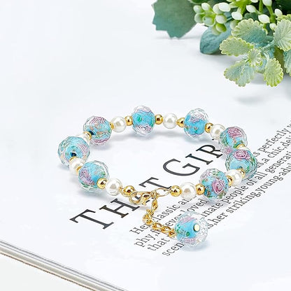 PH PandaHall 60pcs 9~10mm Blue Rose Lampwork Beads Gold Sand Glass Beads Flower Glass Beads 1.5~2mm Hole Floral Handmade Lampwork Beads Round Loose Beads for Rosary Making Jewelry Craft Making