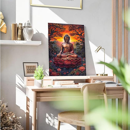 Golden Buddha on lotus seat serene meditation statue amidst lush trees flowing water and sunrise light spiritual home art for a tranquil decor 16x24in Wood Framed