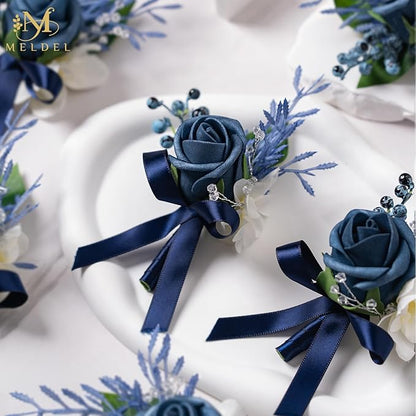 Meldel Blue Boutonniere for Men Wedding, Set of 6, Groom Groomsman Guest Boutonnieres Wedding Decor Artificial Flowers Corsage for Wedding Ceremony Formal Dinner Prom Party Decoration
