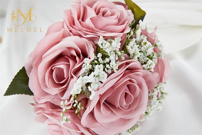 Meldel 6.5 Inch Bridesmaid Bouquet Set of 6, Wedding Bouquets for Bridesmaids, Rose Bridesmaid Bouquets for Wedding, Artificial Wedding Bouquet Flower, Floral Wedding Centerpieces