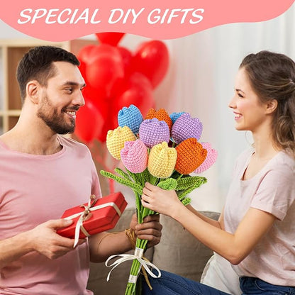 TLY 10 Pcs Crochet Tulips Flowers Artificial Flowers Bouquet Finished Handmade Knitted Tulip Bouquets with Leaf and Long Stem for Home Centerpieces Decor Valentine's Day Wedding Anniversary